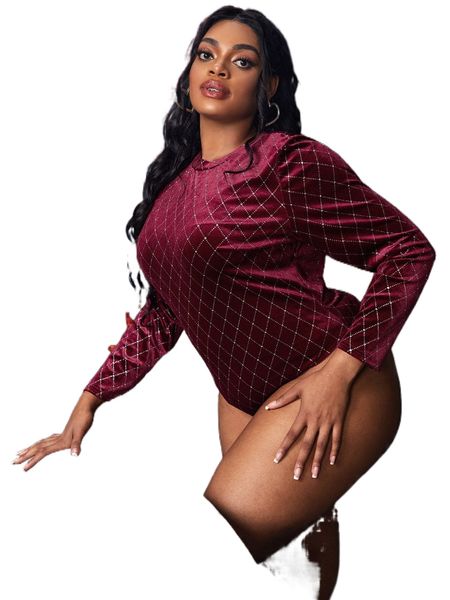 

plus argyle pattern velvet bodysuit 90rt#, Black