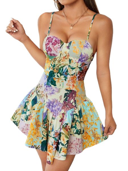 

petite floral print ruffle hem bustier cami dress r5ni#, Black;gray