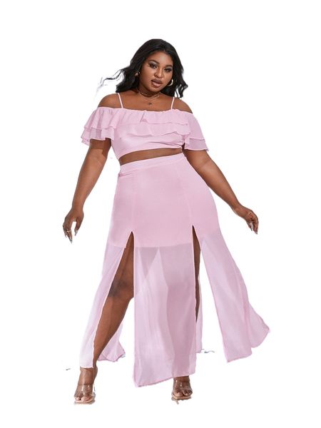 

sxy plus cold shoulder ruffle trim and high split skirt set 21mu#, Black