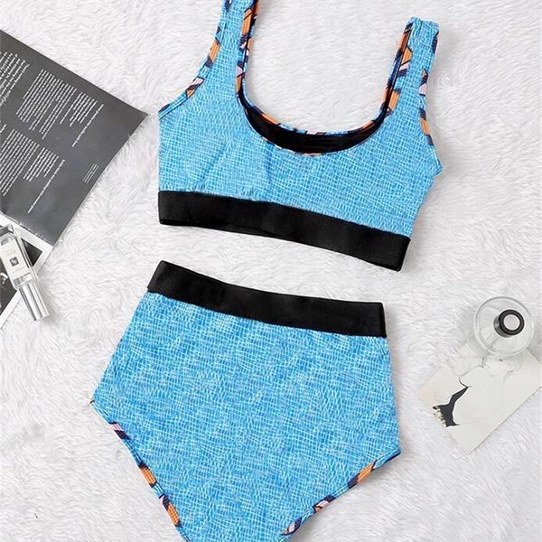 2021 Mulheres New Bathing Suit Sport Sports Bra Vest calças leggings roupas de banho azul laranja duas peças Carta de impressão Cultura em estoque 210305