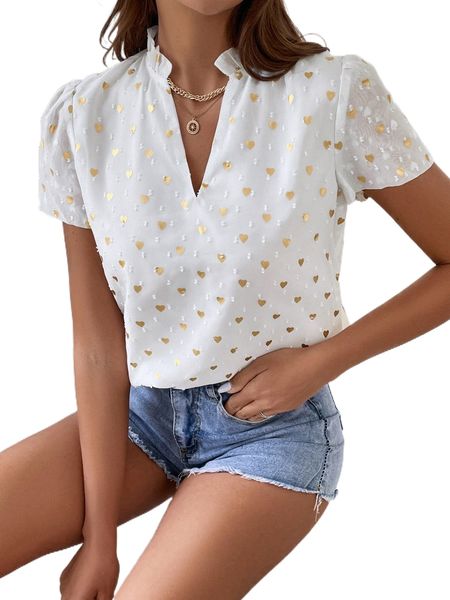 

swiss dot heart print puff sleeve blouse 625g#, White