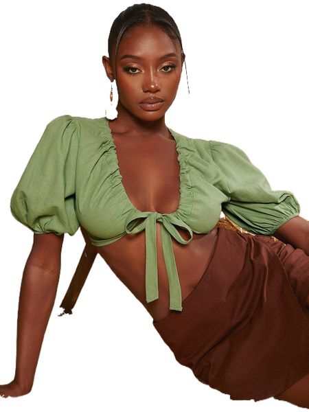 

tie front puff sleeve crop p4nb#, White