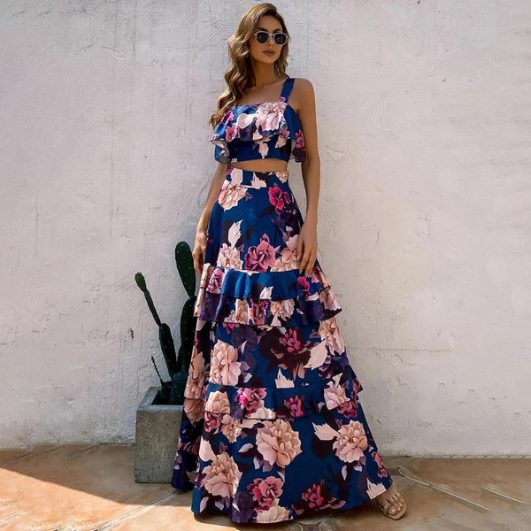 Abiti casual 2022 Donna Estate Boho Beach Set due pezzi Crop Top Stampa floreale Layered Cascading Ruffle Senza maniche Backless Long Maxi Dress