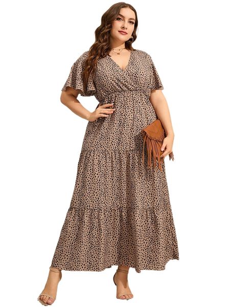 

plus allover print butterfly sleeve ruffle hem dress l8oc#, Black