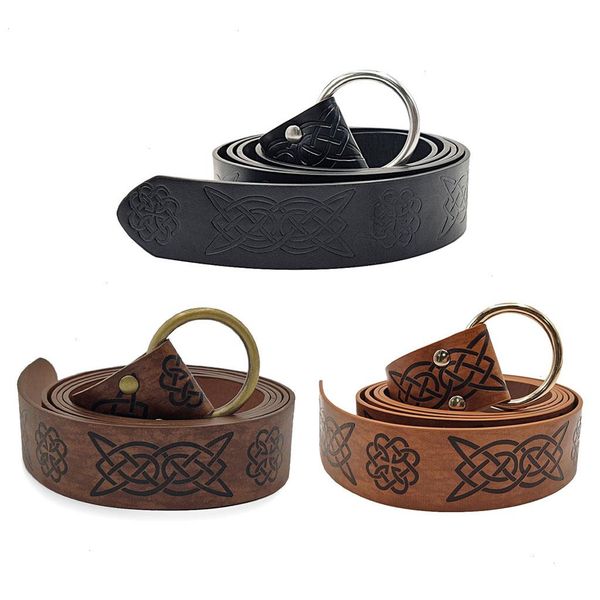 

medieval embossed viking vegvisir pu leather o ring belt retro renaissance knight buckles waistband for men women, Black;brown
