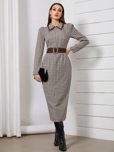 

contrast trim collar big bow back belted plaid dress e8ix#, Black;gray