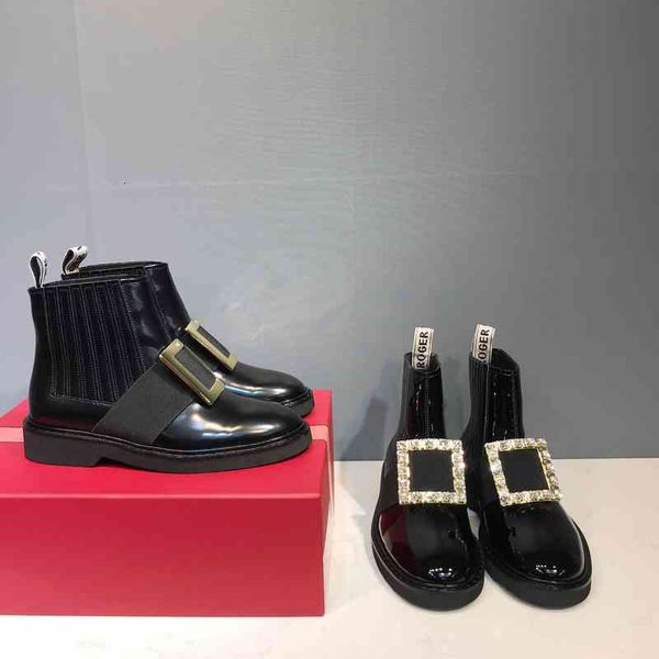 

boots high definition square buckle short boots patent leather martin round head chelsea flat bottomed children's bare, Black