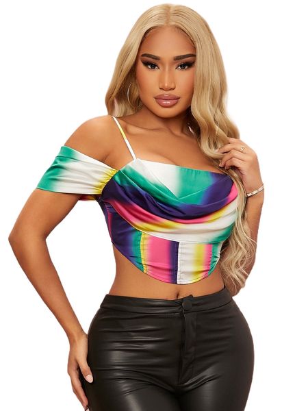 

sxy ombre print cold shoulder ruched crop h63y#, White