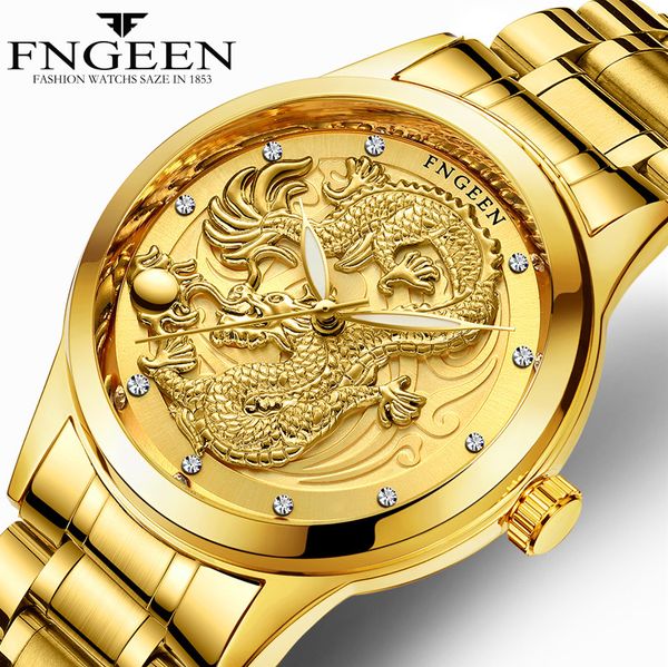 Dragon Men Watch Steel FNGEEN Marca Relogio masculino Orologio da polso al quarzo con scultura in oro da uomo impermeabile autentico saat