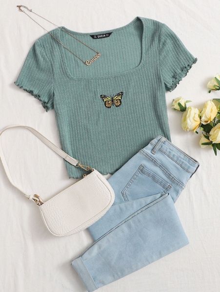 

square neck lettuce trim butterfly embroidery rib-knit e5wb#, White