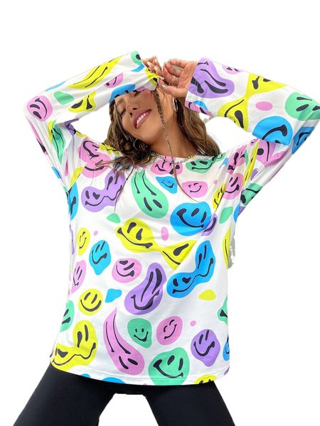 

allover cartoon face print drop shoulder tee l3fj#, White