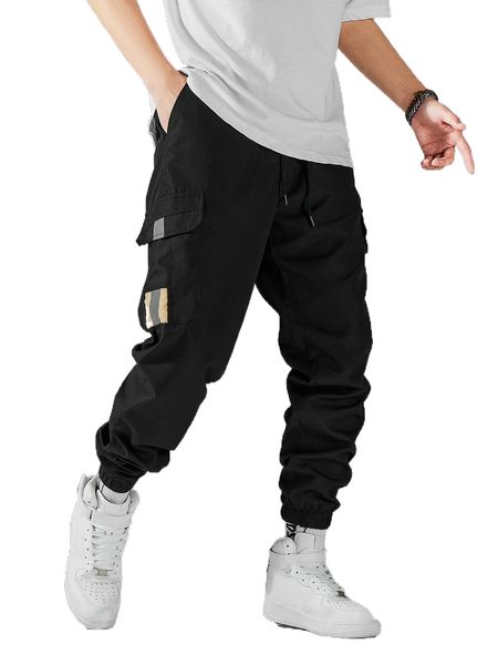 

men patched detail flap pocket drawstring waist cargo pants a52y#, Black
