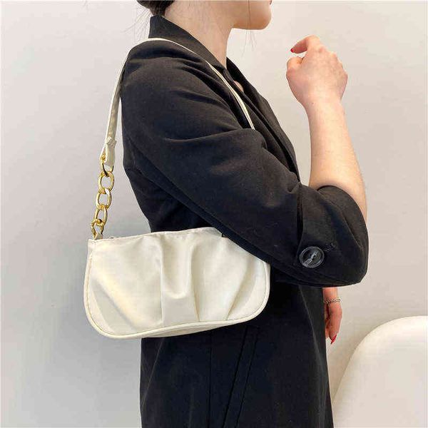

2022 vintage women pleated thick chain shoulder underarm bag casual all-match ladies small handbag purse pure color square bags g220519