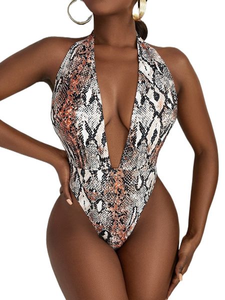 

snakeskin print backless plunging one piece swimsuit e6cz#, White;black