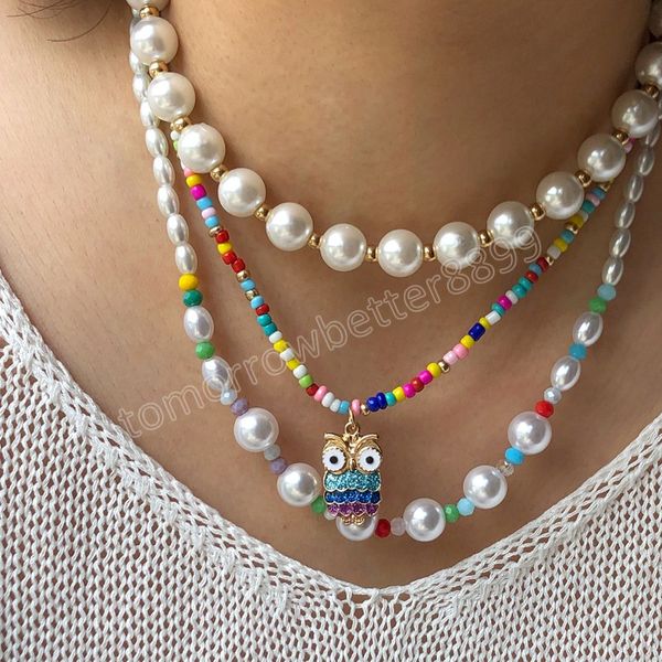 Collane di perline colorate alla moda per le donne Gioielli di collane di perle di gufo corto fatto a mano in Boemia