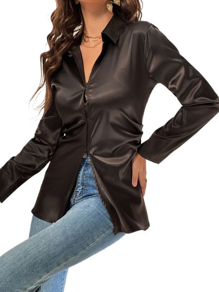 

split hem satin blouse p1c7#, White