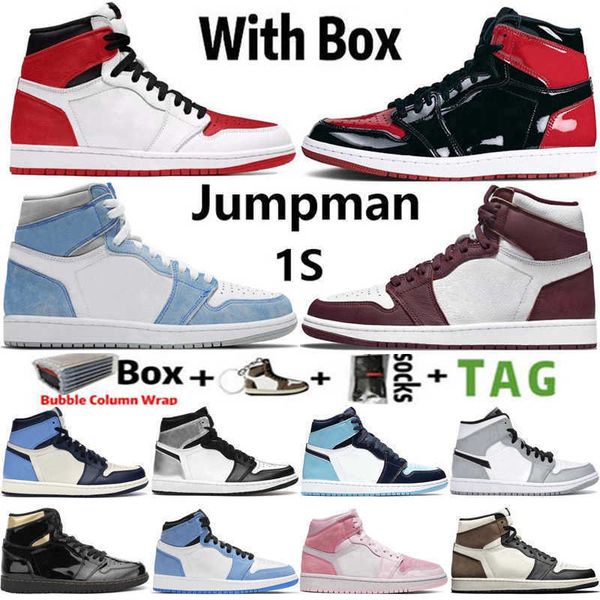 

2022 with box jumpman 1 og 1s mens basketball shoes bordeaux heritage bred patent hyper royal university blue lucky green men sports women, Black