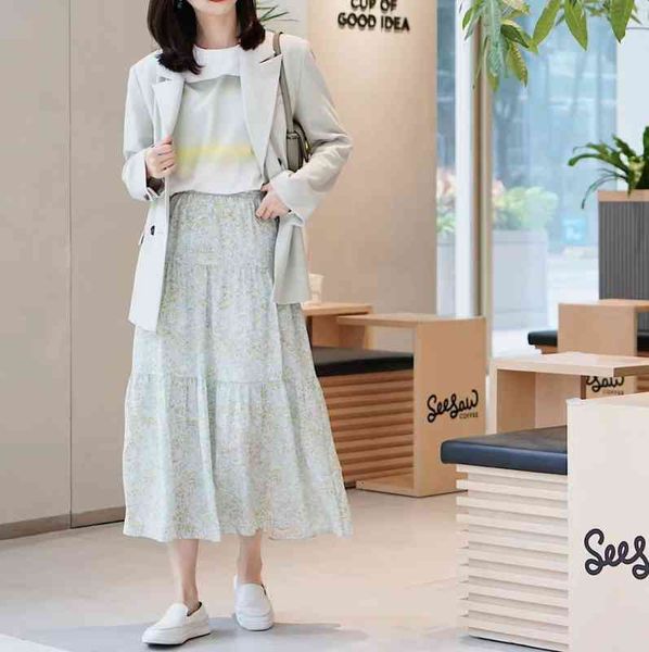 

skirts summer spring garden printed silk skirt french elegant medium length, Black