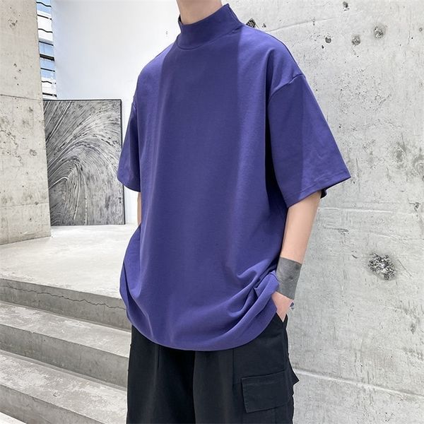 

privathinker streetwear turtleneck men tshirt solid color hip hop male oversized t shirts man casual short sleeve tees 220711, White;black