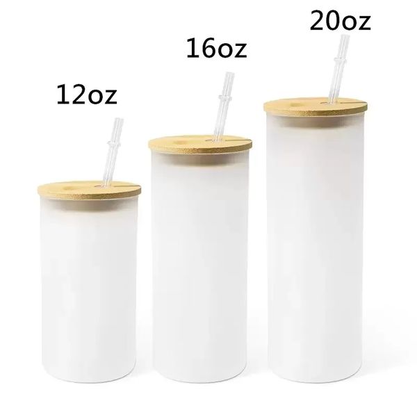 

12oz 16oz 25oz straight blank sublimation tumblers frosted clear transparent coffee glass cup mugs with bamboo lid and straw