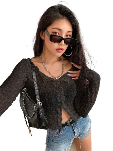 

dazy button through semi-sheer textured blouse 31sk#, White