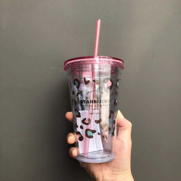

2020 starbucks cup summer new leopard plastic straw cup water cup 473ml