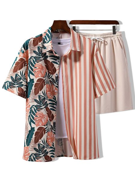 

men tropical print shirt & drawstring waist shorts without tee b5qp#, Gray