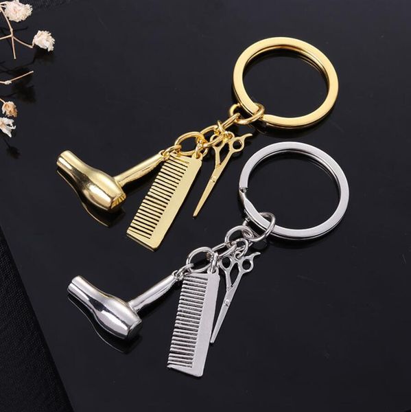 

creative barber shop tools key ring hair dryer scissors comb pendants simulation keychain dresser present hairdresser gift, Silver