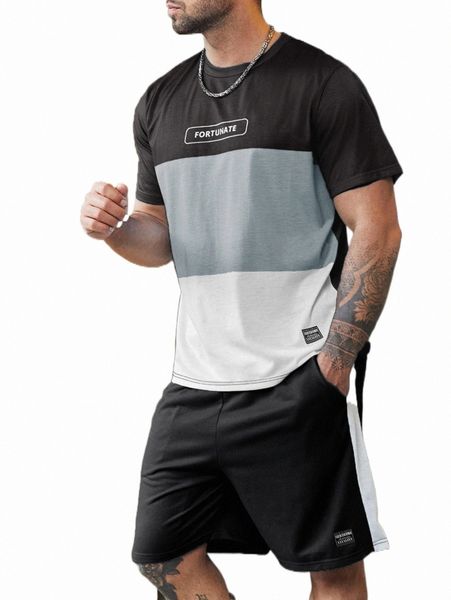 

men colorblock letter graphic tee with drawstring waist track shorts 596e#, Gray