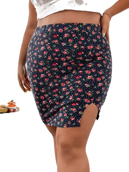 

plus ditsy floral print split hem bodycon skirt o5tu#, Black