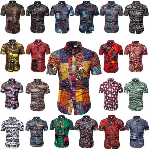 

2020 summer new thin section printed national wind casual beach short sleeved shirt men patchwork plaid casual men brand shirt lj200925, White;black