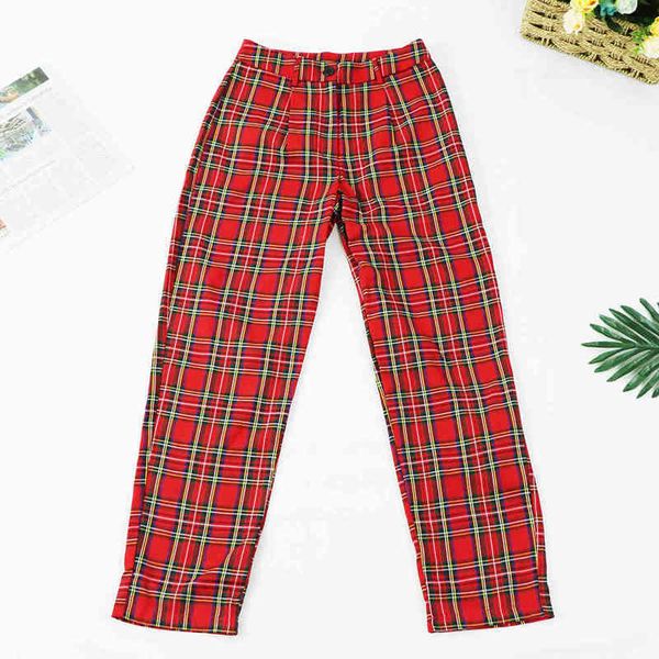 

za pantolon street straight pant painted punk checkered pants plaid zipper casual vintage style red harem trousers 210513, Black;white