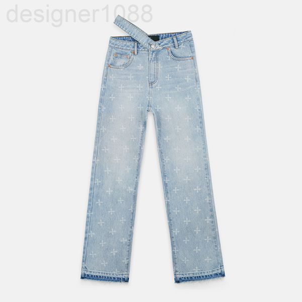 

women's jeans designer  smfk huahaoyueyuan straight jeans double waist splash cross allover trousers xmsn, Blue