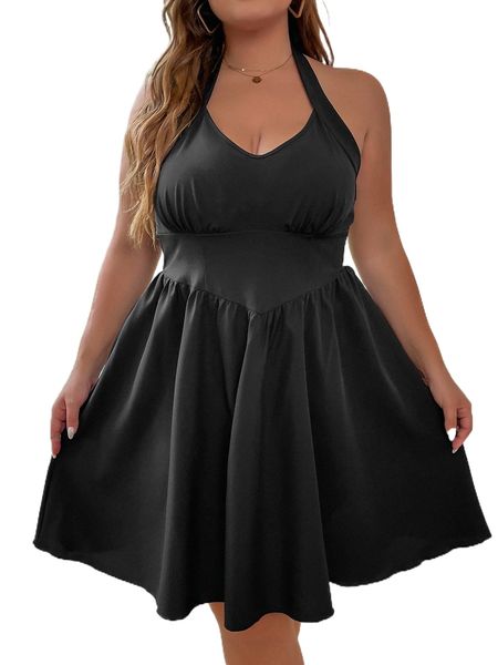 

plus tie backless shirred halter dress g1qj#, Black