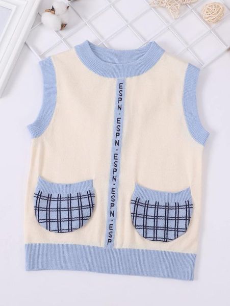 

toddler boys letter & plaid pattern double pocket sweater vest she, Blue