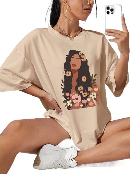 

figure & floral print drop shoulder tee s1g6#, White