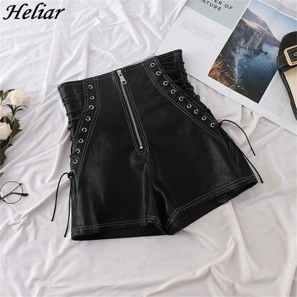 HELIAR Frauen Schwarz Leder Shorts Kreuz Verband Kurze Hosen Mode High Street Solid PU Shorts Schlank Sexy Hot Short 2020 sommer T200701