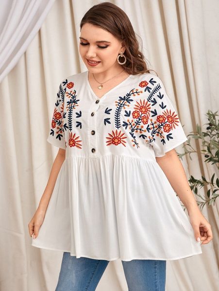 

plus floral embroidery half button babydoll blouse s5dp#, Black