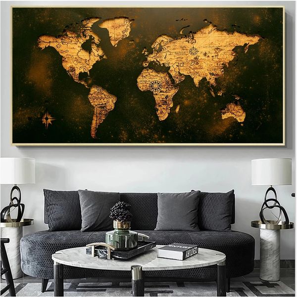 Vintage Golden World Map Poster HD Imprimível mapa vintage Pinturas de lona Picture de arte de parede para decoração de sala de estar Cuadros