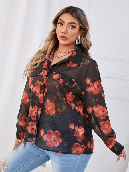 

plus floral print drop shoulder flap button front detail blouse z1pe#, Black
