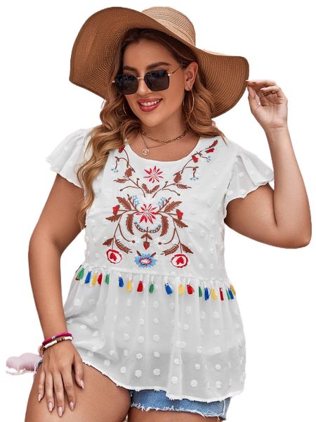 

plus swiss dot cap sleeve floral embroidery fringe detail blouse 53od#, Black