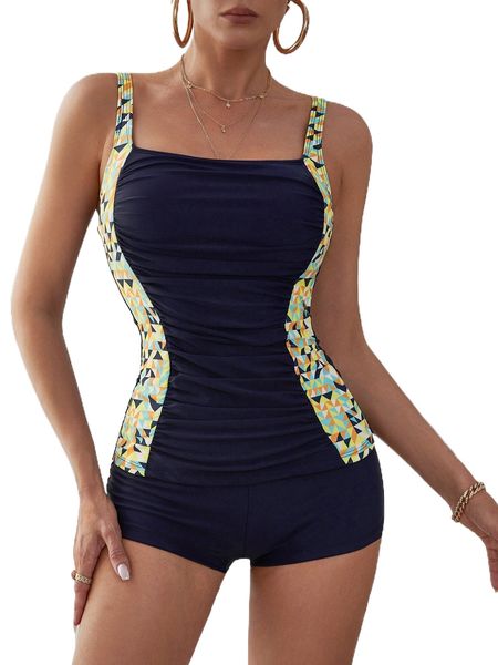 

geometric print ruched bikini swimsuit 877r#, White;black