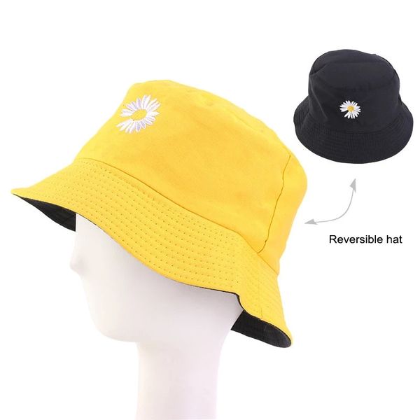 New Unisex Summer Daisy Bucket Hats Mulheres Bordado Beach Panamá Sun Hat Men Bob Hip Hop Caps Reversível Fishing Fisherman Hat Hat