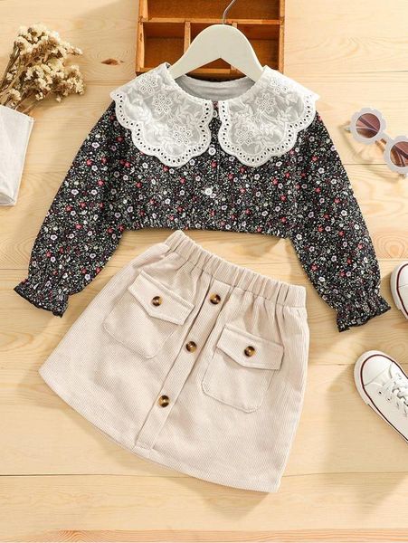 

little girl's small broken flower exaggerated neckline, ruffle sleeve shirt and skirt she, White