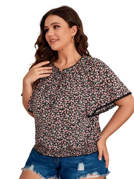 

plus ditsy floral print tie neck blouse j1zl#, Black