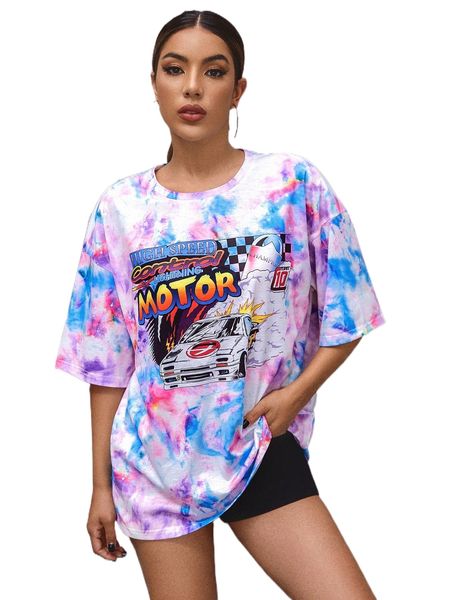 

drop shoulder car & letter graphic tie dye tee t8fb#, White