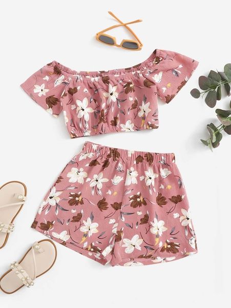 

girls floral print off shoulder & shorts set she, White