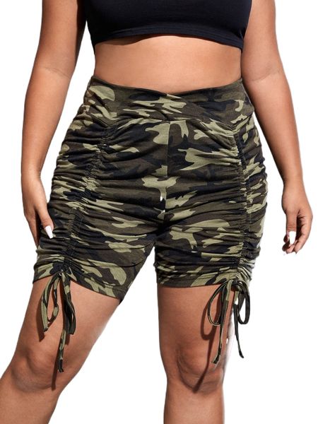 

plus camo print drawstring front shorts i8xk#, Black