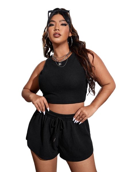 

plus solid crop tank & track shorts 04d2#, Black