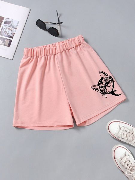 

cat print elastic waist shorts l9f5#, White;black